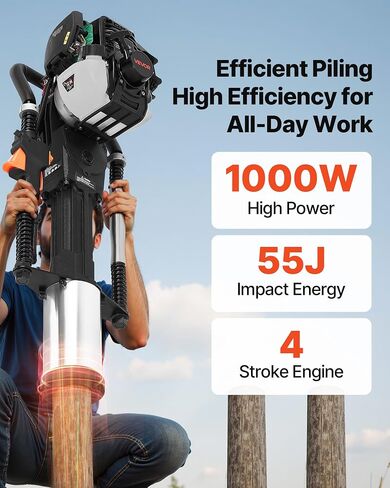 VEVOR Gas Powered T Post Driver, 37.7cc 4-Stroke Engine Efficient Post Pounder with 3 Piling Sleeves, Vibration-Reducing Handle, Heavy Duty Fence Pile Driver for Farm, Orchard, Road Work, Landscaping in Saudi Arabia