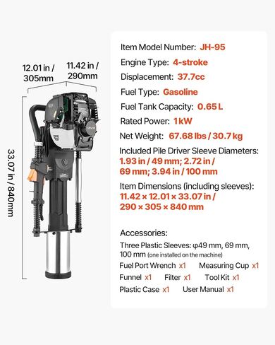VEVOR Gas Powered T Post Driver, 37.7cc 4-Stroke Engine Efficient Post Pounder with 3 Piling Sleeves, Vibration-Reducing Handle, Heavy Duty Fence Pile Driver for Farm, Orchard, Road Work, Landscaping in Saudi Arabia