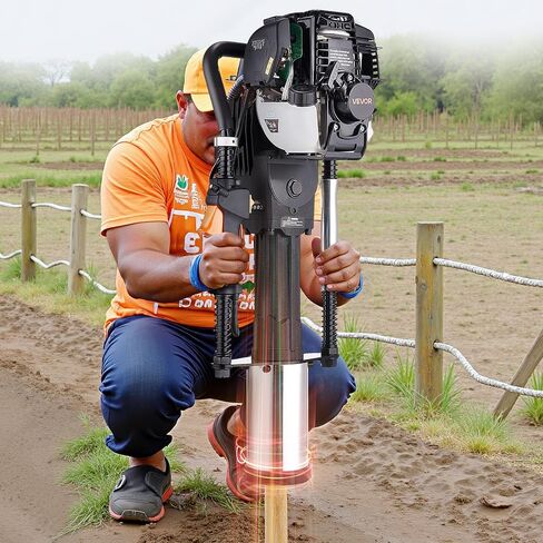 VEVOR Gas Powered T Post Driver, 37.7cc 4-Stroke Engine Efficient Post Pounder with 3 Piling Sleeves, Vibration-Reducing Handle, Heavy Duty Fence Pile Driver for Farm, Orchard, Road Work, Landscaping in Saudi Arabia