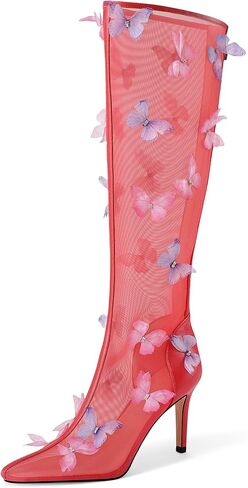 UJPFEO Women's Clear Knee High Boots Butterfly Pointed Toe Stiletto High Heels Mesh Boots Sexy Back Zipper Dress Wedding Shoes in Saudi Arabia