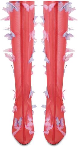UJPFEO Women's Clear Knee High Boots Butterfly Pointed Toe Stiletto High Heels Mesh Boots Sexy Back Zipper Dress Wedding Shoes in Saudi Arabia