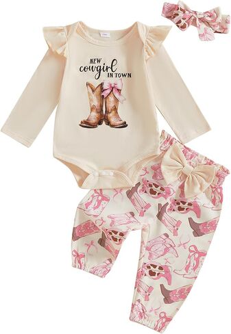 My First Rodeo Baby Girl Outfit Newborn Romper Pants Set | Infant Cowgirl Western Clothes Long Sleeve Romper Bell Bottom Pants 3Pcs Set in Saudi Arabia