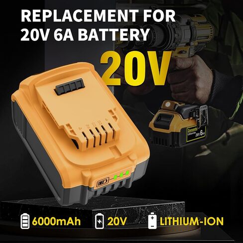2Pack 20V 6.0AH MAX بطارية متوافقة مع DEWALT DCB200 DCD/DCF/DCG Series الأدوات والشحن (البطارية غير الأصلية) in Saudi Arabia
