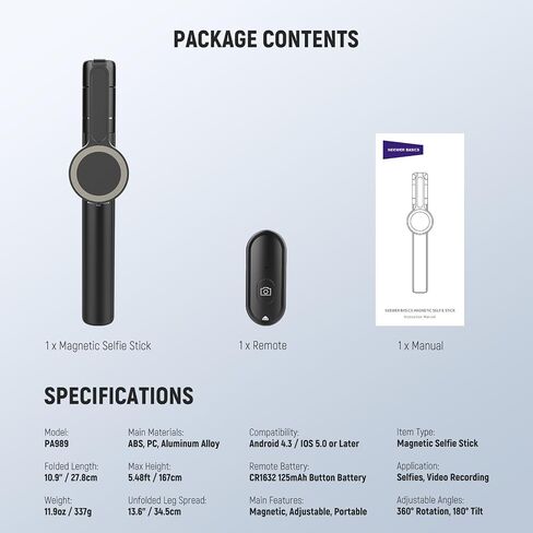 NEEWER Basics 5.48' Magnetic Selfie Stick Tripod Compatible with MagSafe iPhone Android, Portable Travel Cell Phone Stand with Remote, One Button Unfold for Vlog Video Recording Streaming, PA989 in Saudi Arabia