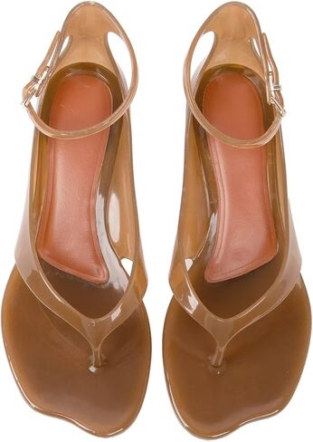 Agodor Jelly Thong Heeled Sandals for Women,Clear Flip Flop Low Kitten Heels for Women Square Open Toe Strappy Summer Casual Beach Adjustable Buckle Dress Sandals in Kuwait