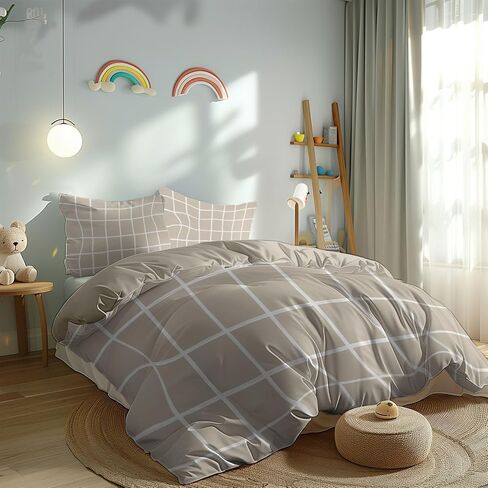 2PCS Beige Davet Cover مجموعة Toddler ، وغطاء لحاف ميكروفيه واحد ووسادة واحدة ، وفراش هندسة الشبكة البسيطة الحديثة للأطفال الفتيات والمراهقين ، والربط الزاوية والسبالة in Kuwait