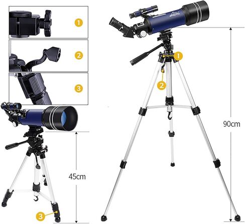 تلسكوب فلكي للأطفال المبتدئين البالغين 70 ملم تلسكوبات الانكسار الفلكية أحادية الطول مع ارتفاع هاتف ترايبود قابل للتعديل أبيض (أبيض) in Kuwait