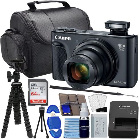 حزمة Canon PowerShot SX740 HS Digital Camera (Black) مع بطاقة ذاكرة Sandisk 64 جيجابايت ، و 12 "ترايبود فليكس ، وقارئ بطاقة عالية السرعة + مجموعة صور (20 عنصرًا) (متجددة) in Kuwait