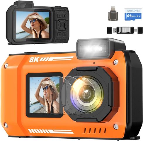 8K Waterproof Digital Camera Snorkeling: 70MP 33FT Compact Rugged Underwater Camera HD Dual-Screen with 18X Zoom Selfie 64GB Card & 2500 mAh Battery for Outdoor Scuba Diving Fishing Swimming Black in Kuwait