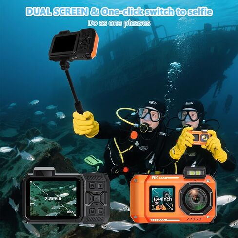 8K Waterproof Digital Camera Snorkeling: 70MP 33FT Compact Rugged Underwater Camera HD Dual-Screen with 18X Zoom Selfie 64GB Card & 2500 mAh Battery for Outdoor Scuba Diving Fishing Swimming Black in Kuwait
