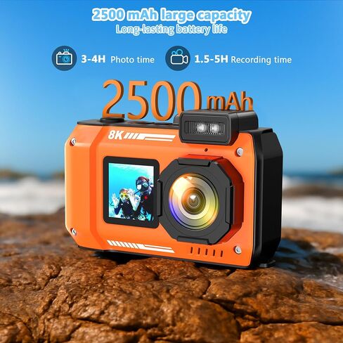 8K Waterproof Digital Camera Snorkeling: 70MP 33FT Compact Rugged Underwater Camera HD Dual-Screen with 18X Zoom Selfie 64GB Card & 2500 mAh Battery for Outdoor Scuba Diving Fishing Swimming Black in Kuwait