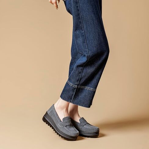 متسكعات منصة جلد الغزال للنساء-إسفين على موكاسين مع نعل مريح غير انزلاق in Kuwait