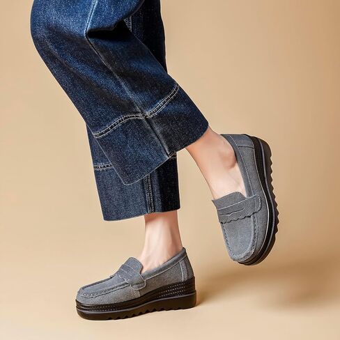 متسكعات منصة جلد الغزال للنساء-إسفين على موكاسين مع نعل مريح غير انزلاق in Kuwait