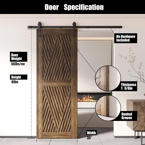 Homacer 36 in. x 80 in. Diamond Design Dark Walnut Finished & Unassembled Pine Wood Barn Door (Interior Use Only) in Kuwait