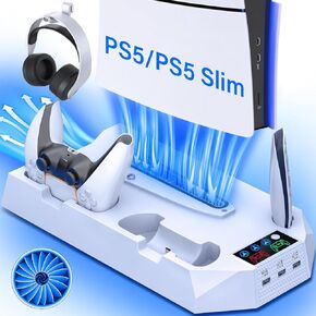 PS5 Slim Stand and Cooling Station for PS5 Console&Playstation 5 Slim Cooling Stand for PS5 Disc/Digital Edition Dual PS5 Controller Charger Base PS5 Accessory Turbo Fan/3 Usb Hub/Headset Holder
