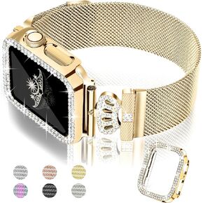 Magnetic Band with Bling Case Women Compatible with Apple Watch 38mm 40mm 41mm 42mm 44mm 45mm Crown Stainless Steel Milanese Loop Protective Cover for iWatch Series 9/8/7/6/5/4/3/2/1/SE