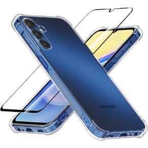 Case for Samsung Galaxy A16 5G + Screen Protector Tempered Glass, Clear Phone Case Reinforced Corner Shockproof Flexible TPU Silicone Cover for Galaxy A16 5G - Transparent