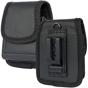 Case for Galaxy Z Flip Phone, Nakedcellphone Black Vegan Leather Vertical Pouch [with Belt Loop, Metal Clip, Magnetic Closure] for Samsung Z Flip 5, Z Flip4, Z Flip3 (2023/2022/2021/2020)