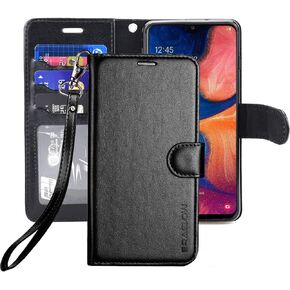 حافظة Galaxy A20، حافظة Galaxy A30، حافظة هاتف واقية من جلد البولي يوريثان الفاخر مع فتحات للبطاقات ومسند لهاتف Samsung Galaxy A20/A30 2019 (أسود)