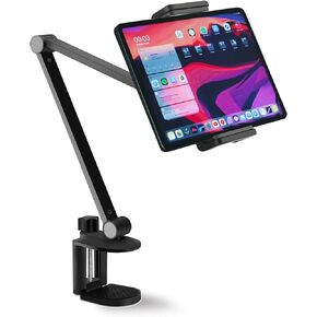 NueZoo iPad Stand Holder Mount, Aluminum Long Arm Tablet Clamp Mount for Desk, 360° Swivel Phone Holder for Bed, Compatible with 4.5-13inch Mobile Phone and Tablet – Black