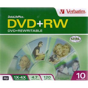 VER94839 - Verbatim DVD+RW 4.7GB 4X with Branded Surface - 10pk Jewel Case
