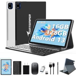 أحدث أجهزة لوحية Android 13 لعام 2024 مقاس 10 بوصة، 5G Wifi Tablet Mi 16GB RAM + 128GB ROM(1TB TF)، 2 في 1 جهاز لوحي مع لوحة مفاتيح وماوس وقلم ثماني النواة 2.0 جيجا هرتز|7000 مللي أمبير|1080FHD|كاميرا 13 ميجابكسل|WLAN GPS OTG Typ-c -فضي