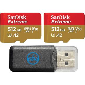 SanDisk Micro Extreme 512GB SDXC UHS-I U3 V30 Memory Card (2) Works with Camera GoPro Action Camera Hero 12 Black (SDSQXAV-512G-GN6MN) Bundle with (1) Everything But Stromboli MicroSD Card Reader