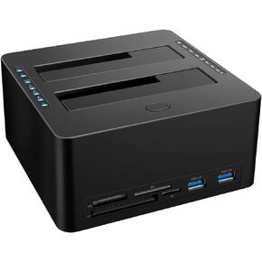 SATA to USB 3.0 Dual-Bay Hard Drive Docking Station with Offline Clone for 2.5 & 3.5-inch HDD/SSD, Hard Disk USB Hub with 2* USB 3.0 Port, MS/CF/TF/SD Card Readers, Support 2*10TB, Black
