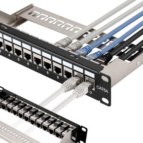 Patch Panel Mini 12 Port Cat6A with Inline Keystone 10G Support, Coupler Patch Panel STP Shielded 10-Inch with Removable Back Bar, 1U Network Patch Panel for Cat7, Cat6, Cat6A, Cat5e
