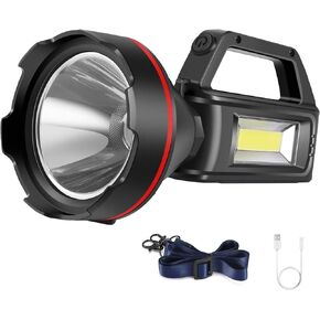 Rechargeable Spotlight Flashlight, High Lumens Handheld Spotlight,LED Searchlight with Shoulder Strap and USB Output for During Hurricane,Emergency, Storms, Outages,Hunting, Hiking, Camping(Black1)