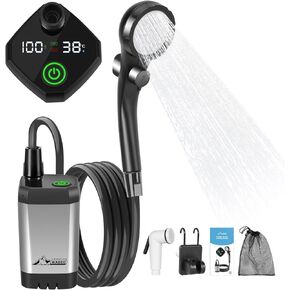 WADEO Portable Shower for Camping, Outdoor Electric Shower Rechargeable Pump with Intelligent Digital Display, Camping Shower Head Nozzle for Camping, Hiking, Traveling, Washing
