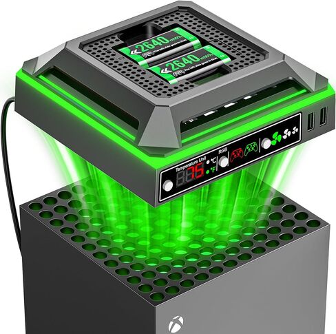 مروحة تبريد لوحدة تحكم Xbox Series X مع ضوء RGB، محطة شحن مع حزم بطاريات قابلة لإعادة الشحن بقدرة 2 × 2640 مللي أمبير في الساعة لوحدة تحكم Xbox Series/One-X/S/Elite، مروحة Xbox Series X مع 3 تروس، شاشة عرض درجة الحرارة in Kuwait