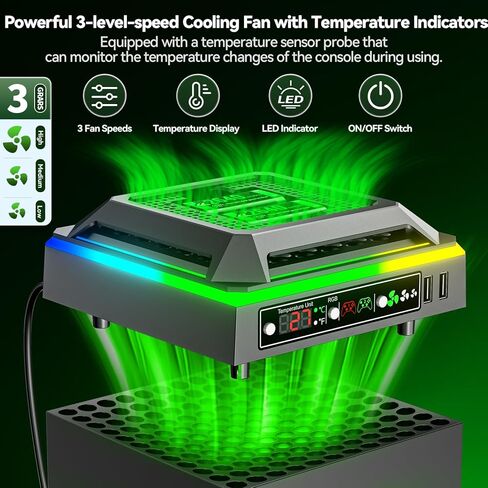 مروحة تبريد لوحدة تحكم Xbox Series X مع ضوء RGB، محطة شحن مع حزم بطاريات قابلة لإعادة الشحن بقدرة 2 × 2640 مللي أمبير في الساعة لوحدة تحكم Xbox Series/One-X/S/Elite، مروحة Xbox Series X مع 3 تروس، شاشة عرض درجة الحرارة in Kuwait
