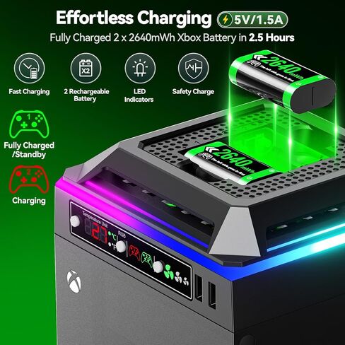 مروحة تبريد لوحدة تحكم Xbox Series X مع ضوء RGB، محطة شحن مع حزم بطاريات قابلة لإعادة الشحن بقدرة 2 × 2640 مللي أمبير في الساعة لوحدة تحكم Xbox Series/One-X/S/Elite، مروحة Xbox Series X مع 3 تروس، شاشة عرض درجة الحرارة in Kuwait