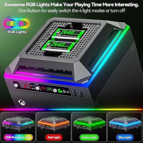 مروحة تبريد لوحدة تحكم Xbox Series X مع ضوء RGB، محطة شحن مع حزم بطاريات قابلة لإعادة الشحن بقدرة 2 × 2640 مللي أمبير في الساعة لوحدة تحكم Xbox Series/One-X/S/Elite، مروحة Xbox Series X مع 3 تروس، شاشة عرض درجة الحرارة in Kuwait
