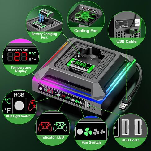 مروحة تبريد لوحدة تحكم Xbox Series X مع ضوء RGB، محطة شحن مع حزم بطاريات قابلة لإعادة الشحن بقدرة 2 × 2640 مللي أمبير في الساعة لوحدة تحكم Xbox Series/One-X/S/Elite، مروحة Xbox Series X مع 3 تروس، شاشة عرض درجة الحرارة in Kuwait