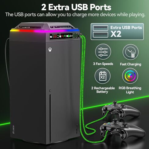 مروحة تبريد لوحدة تحكم Xbox Series X مع ضوء RGB، محطة شحن مع حزم بطاريات قابلة لإعادة الشحن بقدرة 2 × 2640 مللي أمبير في الساعة لوحدة تحكم Xbox Series/One-X/S/Elite، مروحة Xbox Series X مع 3 تروس، شاشة عرض درجة الحرارة in Kuwait