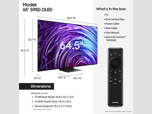 تلفزيون سامسونج الذكي فئة 65 بوصة OLED 4K S95D من سلسلة HDR Pro مع تقنية Dolby Atmos وصوت تتبع الكائنات+ ومسرع الحركة ومحسن العمق الحقيقي وترقية الذكاء الاصطناعي بدقة 4K وAlexa المدمج (QN65S95D، موديل 2024) in Kuwait