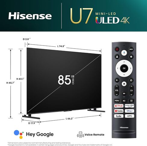 Hisense 55-Inch Class U7 Mini-LED ULED 4K UHD Google Smart TV (55U7K, 2023 Model) - QLED, 144Hz, 1000-Nit, Dolby Vision IQ, Full Array Local Dimming, Game Mode Pro, Alexa Compatibility (Renewed) in Saudi Arabia