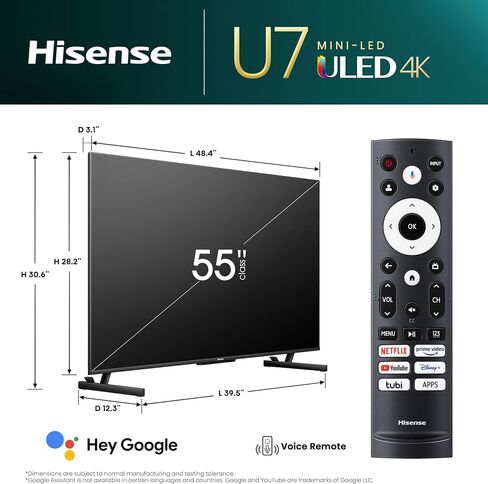 تلفزيون هايسنس 55 بوصة فئة U7 Mini-LED ULED 4K UHD Google الذكي (55U7K، موديل 2023) - QLED، 144 هرتز، 1000-Nit، Dolby Vision IQ، تعتيم محلي كامل، Game Mode Pro، توافق Alexa (متجدد) in Kuwait