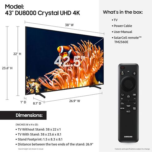SAMSUNG 65-Inch Class 4K Crystal UHD DU8000 Series HDR Smart TV w/Object Tracking Sound Lite, Motion Xcelerator, Ultra Slim Design, Gaming Hub, Alexa Built-in (UN65DU8000, 2024 Model) in Kuwait