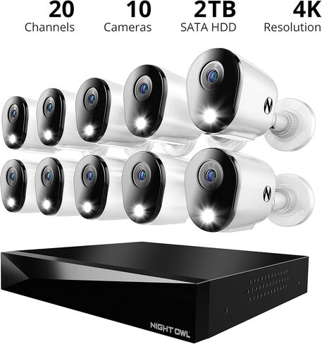 نظام كاميرا مراقبة للمنزل Night Owl 2-Way Audio 20 Channel DVR Video Home Security Camera مع (12) كاميرات ردع داخلية/خارجية سلكية بدقة 4K HD وقرص صلب سعة 2 تيرابايت (إضافة ما يصل إلى 4 كاميرات Wi-Fi) (12 كاميرا) in Saudi Arabia