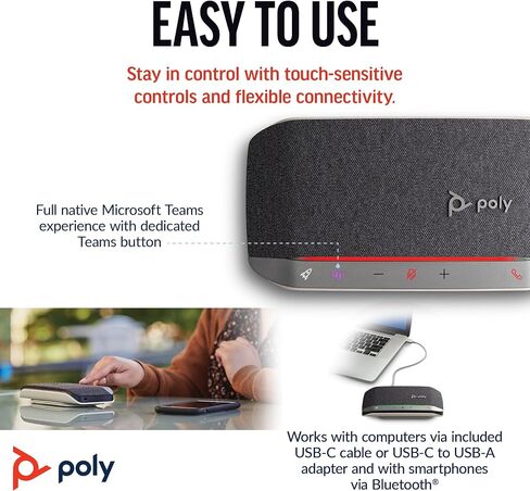 هاتف Plantronics Poly Sync 20 USB-C الشخصي المحمول الذكي عمر البطارية الطويل - تقليل الضوضاء/الصدى - يعمل مع فرق (معتمد)، Zoom، PC، Mac، Mobile - Amazon Exclusive in Saudi Arabia