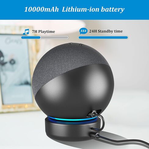 قاعدة بطارية PlusAcc للجيل الرابع من Echo - حامل حامل شاحن محمول بقدرة 10000 مللي أمبير في الساعة، وقت تشغيل 7 ساعات، قاعدة شحن قابلة لإعادة الشحن لجهاز Echo 4th Gen (أسود) in Kuwait