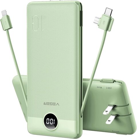 شاحن VEGER المحمول لكابلات iPhone المدمجة ومقبس الحائط، بنك طاقة USB C سريع الشحن بقدرة 10000 مللي أمبير في الساعة، حزمة بطارية أساسية للسفر متوافقة مع أجهزة iPhone وiPad وSamsung المزيد من الأجهزة (أخضر) in Kuwait