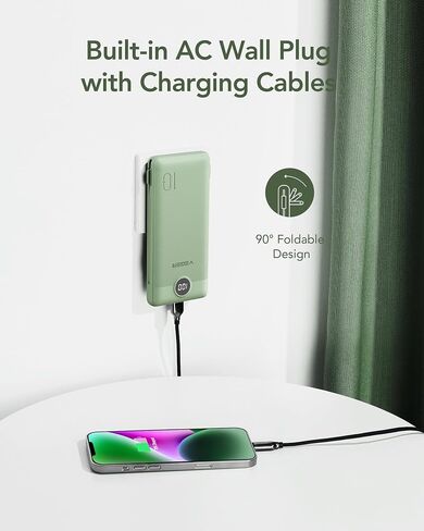 شاحن VEGER المحمول لكابلات iPhone المدمجة ومقبس الحائط، بنك طاقة USB C سريع الشحن بقدرة 10000 مللي أمبير في الساعة، حزمة بطارية أساسية للسفر متوافقة مع أجهزة iPhone وiPad وSamsung المزيد من الأجهزة (أخضر) in Kuwait