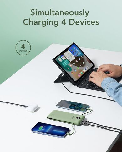 شاحن VEGER المحمول لكابلات iPhone المدمجة ومقبس الحائط، بنك طاقة USB C سريع الشحن بقدرة 10000 مللي أمبير في الساعة، حزمة بطارية أساسية للسفر متوافقة مع أجهزة iPhone وiPad وSamsung المزيد من الأجهزة (أخضر) in Kuwait