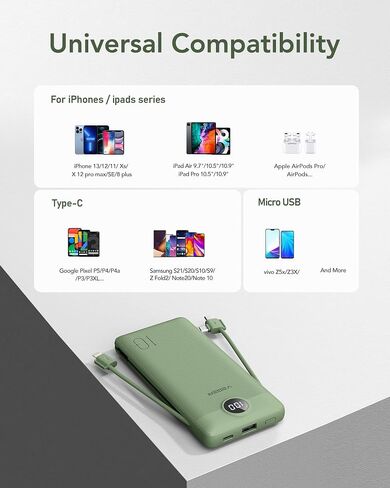 شاحن VEGER المحمول لكابلات iPhone المدمجة ومقبس الحائط، بنك طاقة USB C سريع الشحن بقدرة 10000 مللي أمبير في الساعة، حزمة بطارية أساسية للسفر متوافقة مع أجهزة iPhone وiPad وSamsung المزيد من الأجهزة (أخضر) in Kuwait