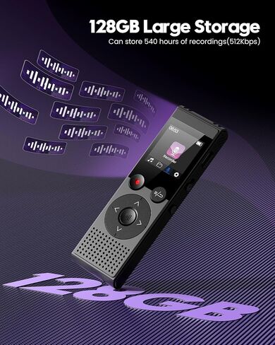 128GB Digital Voice Recorder - 3072 Kbps HD Recording Voice Recorder with Playback Dual Microphone A-B Repeat Recording Monitoring & Noise Reduction Voice Activated Recording & Lock Screen Key in Saudi Arabia