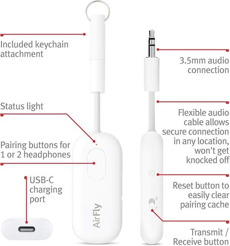 Twelve South AirFly Duo | Bluetooth Wireless Transmitter with Audio Sharing for up to 2 AirPods / Headphones, Use with any 3.5 mm Jack on Airplanes, Gym Equipment and iPad/Tablets, White, 1" by 4" in Saudi Arabia